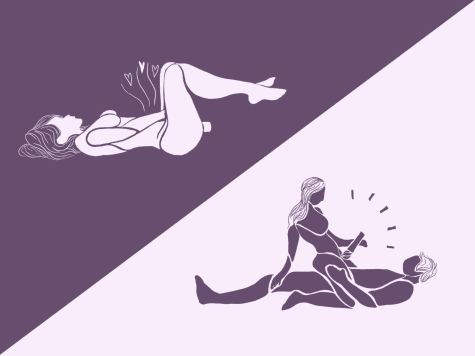 An diagonally split illustration of a female figure lying down and masturbating with a vibrator and a pair in a cowgirl position with the female also using a vibrator.