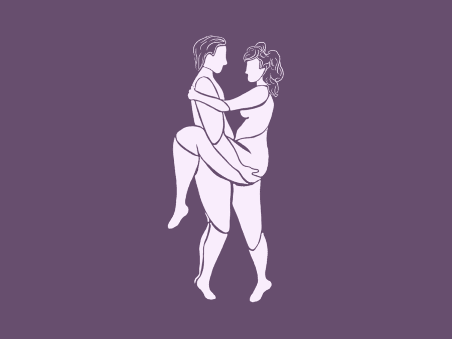 An illustration of a male and female figure in a ballet-esque position against a dark purple background.