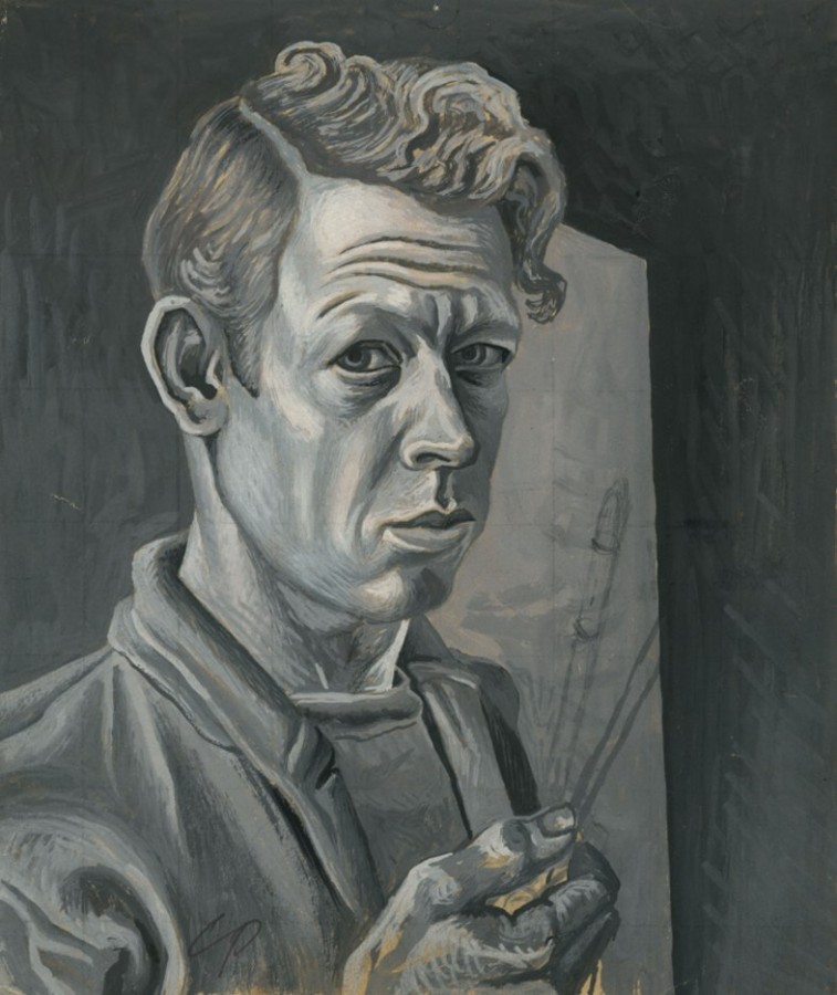 A gray-and-white painting of an old man gazing at the viewer. He has wrinkles on his face and has a sleek side parting in his hair. He wears a coat. A blemished sketch of paintbrushes is being held by his right hand. A blank canvas peeks out from the left side of his face.