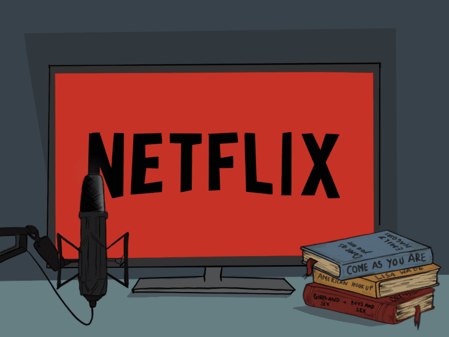 An illustration of a desk with a monitor displaying the Netflix logo. A microphone is propped up on the left side. Three books are stacked on the right side, titled “Come As You Are,” “American Hookup,” and “Girls and Sex, Boys and Sex.”