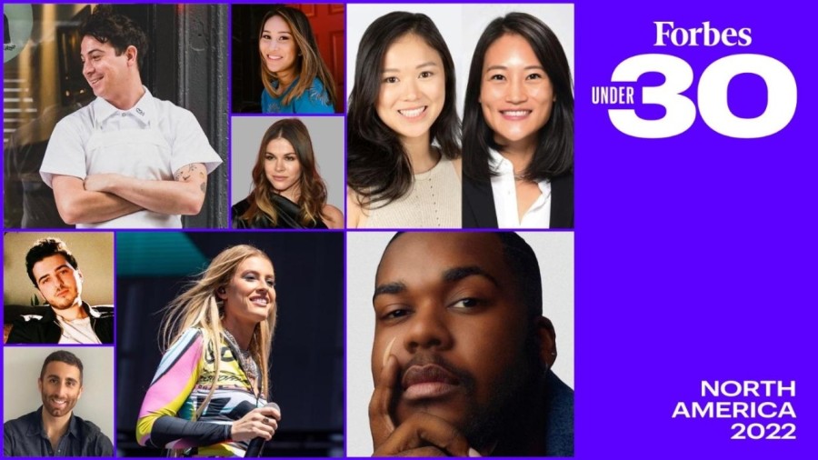 A collage of various N.Y.U. alumni with the text “Forbes Under 30 North America 30”