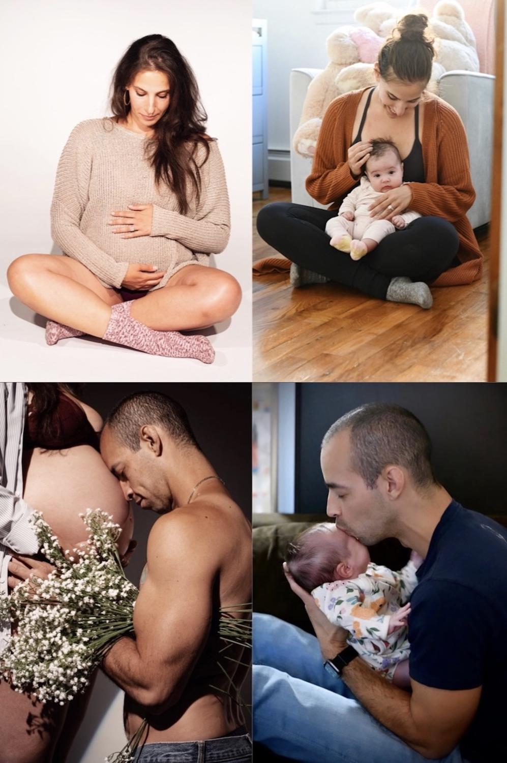 A collage of a woman and a man holding a baby before and after labor.