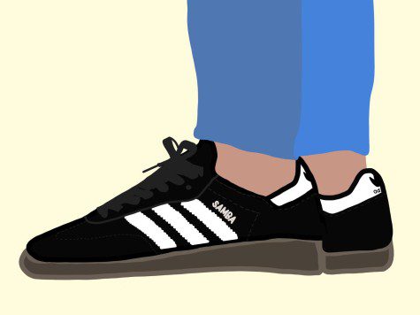 An illustration of black Adidas shoes with three white stripes against a white background.