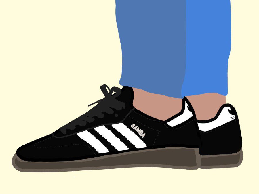 An+illustration+of+black+Adidas+shoes+with+three+white+stripes+against+a+white+background.