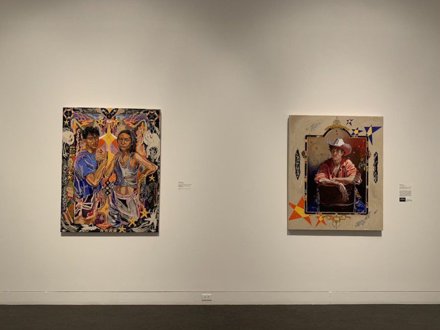 Two oil paintings on canvas depicting Asian American portraits are hung against a white wall.
