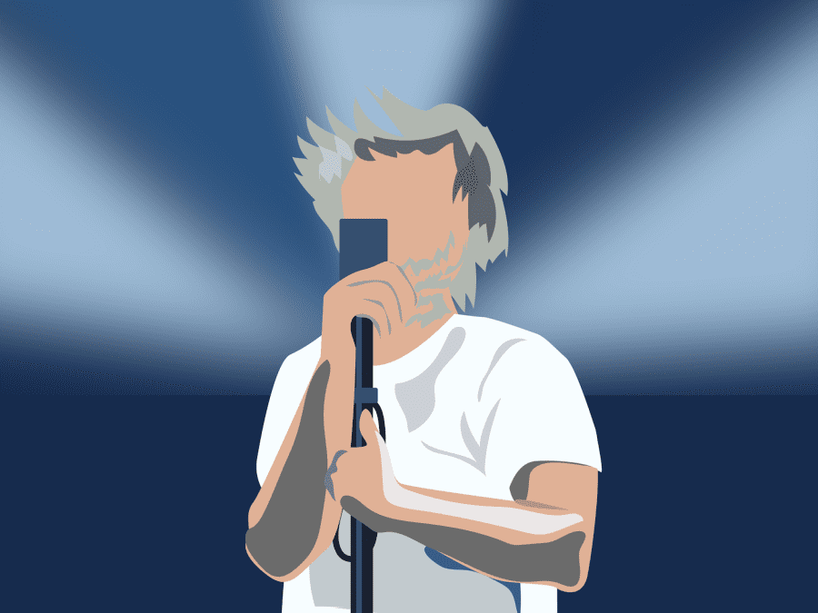 A faceless person with gray hair holds a microphone stand. The background is blue with white stripes expanding outward from the center.