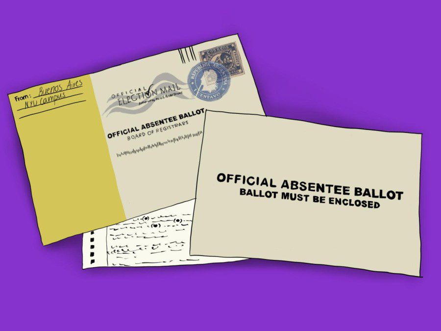 An illustration of an absentee ballot against a purple background. On the ballot it reads “OFFICIAL ABSENTEE BALLOT. BALLOT MUST BE ENCLOSED.”