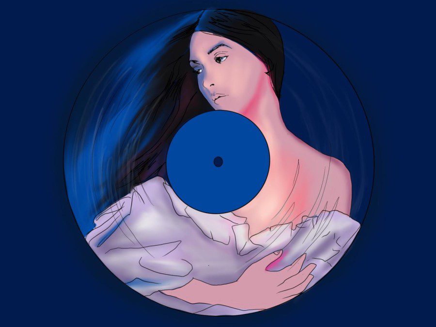 An illustration of a vinyl record with artist Weyes Blood illustrated on it, against a dark blue background. Blood wears a white flowy dress.