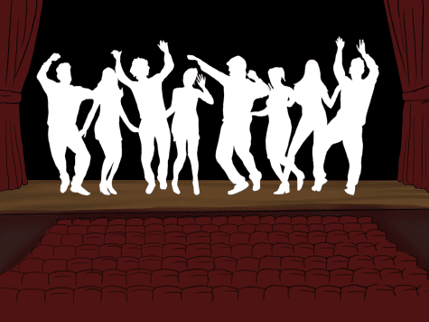 An illustration of a group of white figures dancing on stage with red curtains against a black backdrop.