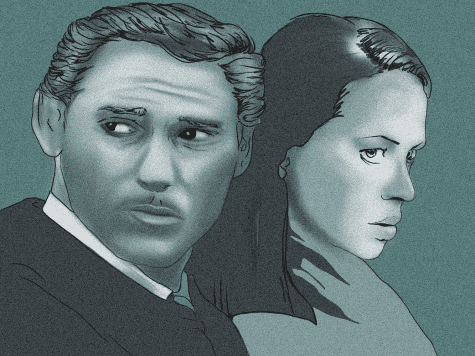 An illustration of two people. On the left is a man wearing a dark suit looking to the left. On the right is a woman with dark hair facing sideways while looking to the front.