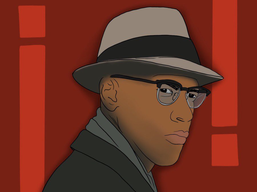 An illustration of Malcom X wearing a black suit, a gray hat and a pair of glasses with black frames against a red background.
