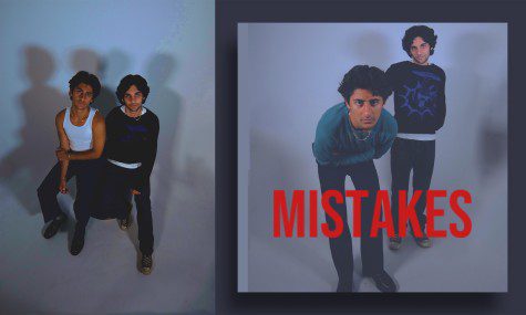 A collage of two photos. On the left is a photo of two people sitting against a white background looking up to the camera. On the right is a photo of two people standing against a white background looking into the camera with red text “mistakes” written on the image in all caps.