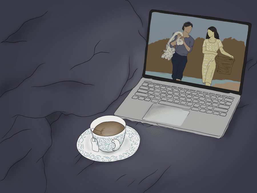 An illustration of a silver laptop and a cup of tea placed on top of a dark blue cushion. The laptop is displaying two people walking alongside each other. On the left is a man wearing a blue shirt and pants while carrying fish nets. On the right is a woman wearing a green dress while carrying a basket.