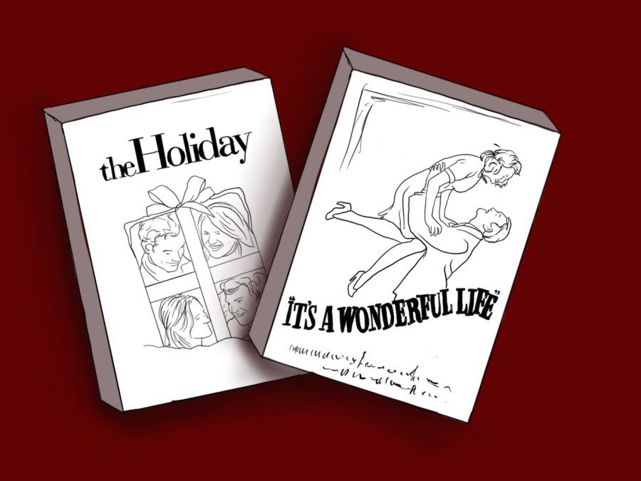 An illustration of two books against a dark red background. On the left is a book with text “the Holiday” and a drawing of four people inside a gift box/ On the right is a book with text “It’s A Wonderful Life” and a drawing of a man holding a woman midair.