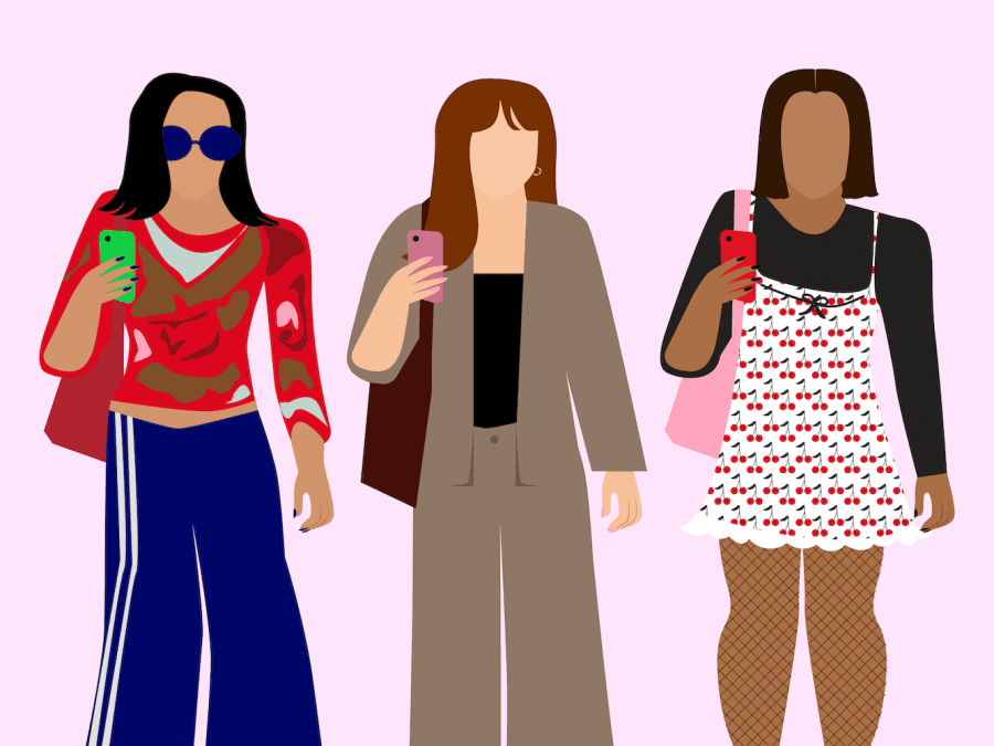 An illustration of three people. On the left is a dark-haired female wearing blue sunglasses, a red shirt with patterns, blue pants and a red tote bag. In the center is a red-haired female wearing a light brown suit, a black top and a burgundy bag. On the right is a dark-haired female wearing a black sweater, a white dress with a cherry pattern, fishnet stockings and a pink tote bag.