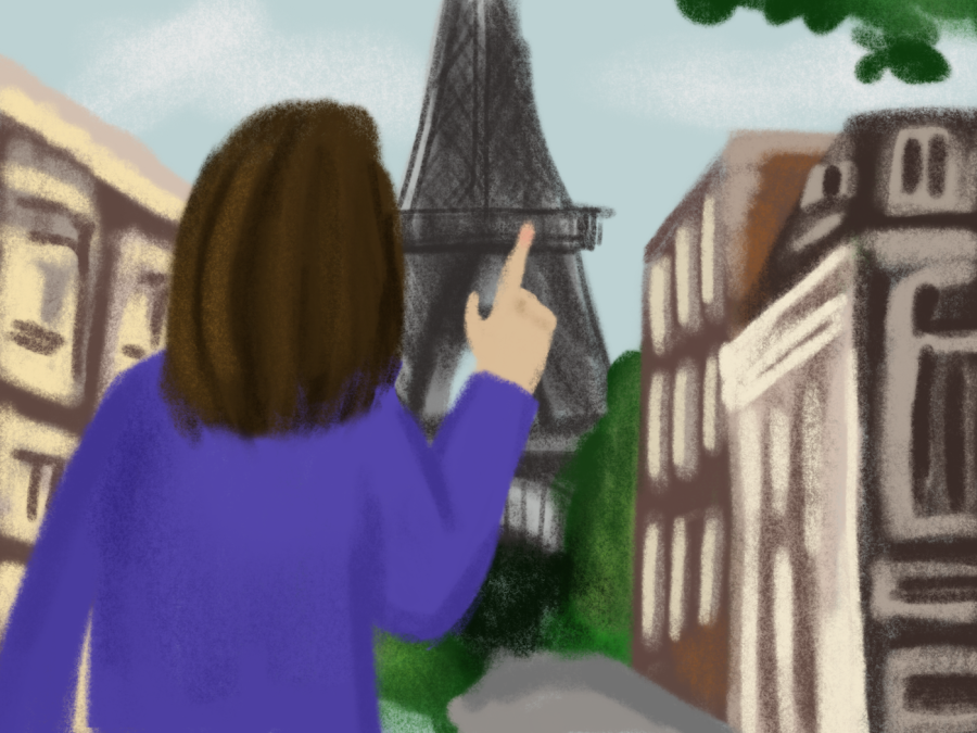 An illustration of the back of a womans upper half as she points into the horizon, which shows the Eiffel Tower, some greenery and buildings. She has long, brown hair and is wearing a purple long-sleeved shirt.