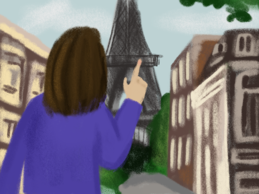 An illustration of the back of a woman's upper half as she points into the horizon, which shows the Eiffel Tower, some greenery and buildings. She has long, brown hair and is wearing a purple long-sleeved shirt.