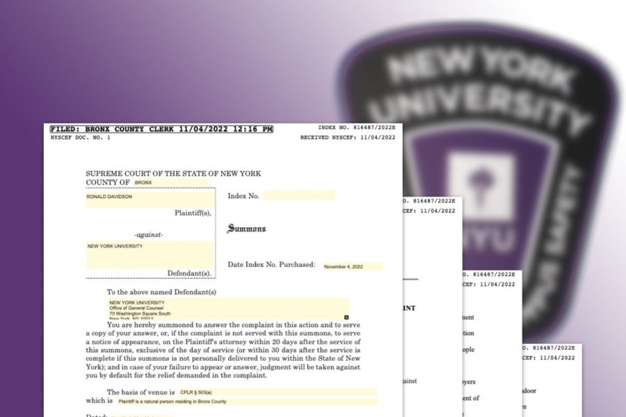 An illustration of pages of a legal document in the foreground and a blurred image of an N.Y.U Campus Safety badge in the background.