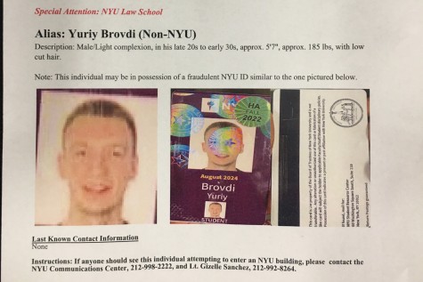 A notice with title “PERSONA NON GRATA” issued by New York University’s Campus Safety Department, warning officers about a person who had used a fake N.Y.U I.D card.