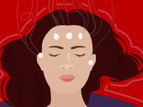 An illustration of a woman with her eyes closed laying down against a red background. Numerous connectors and cords are attached to her face via white patches.