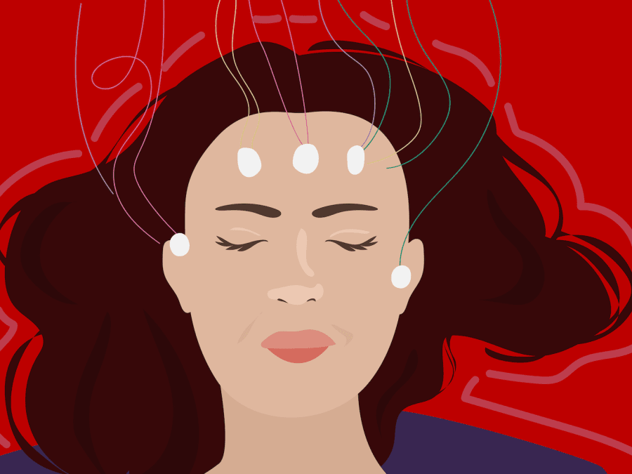 An+illustration+of+a+woman+with+her+eyes+closed+laying+down+against+a+red+background.+Numerous+connectors+and+cords+are+attached+to+her+face+via+white+patches.