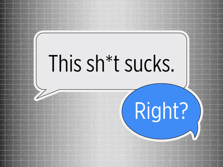 An illustration of a white speech bubble that reads “This shit sucks” in black font. Next to it, another speech bubble that is blue and reads “Right?”. Both speech bubbles are against a gray grid background.