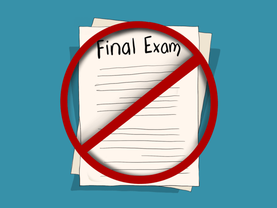 An+illustration+of+two+sheets+of+exam+paper+stacked+on+top+of+each+other+against+a+blue+background+with+text+%E2%80%9Cfinal+exam%E2%80%9D+written+on+it.+There+is+a+red+circle+with+a+diagonal+line+through+it+drawn+on+top+of+the+two+papers.