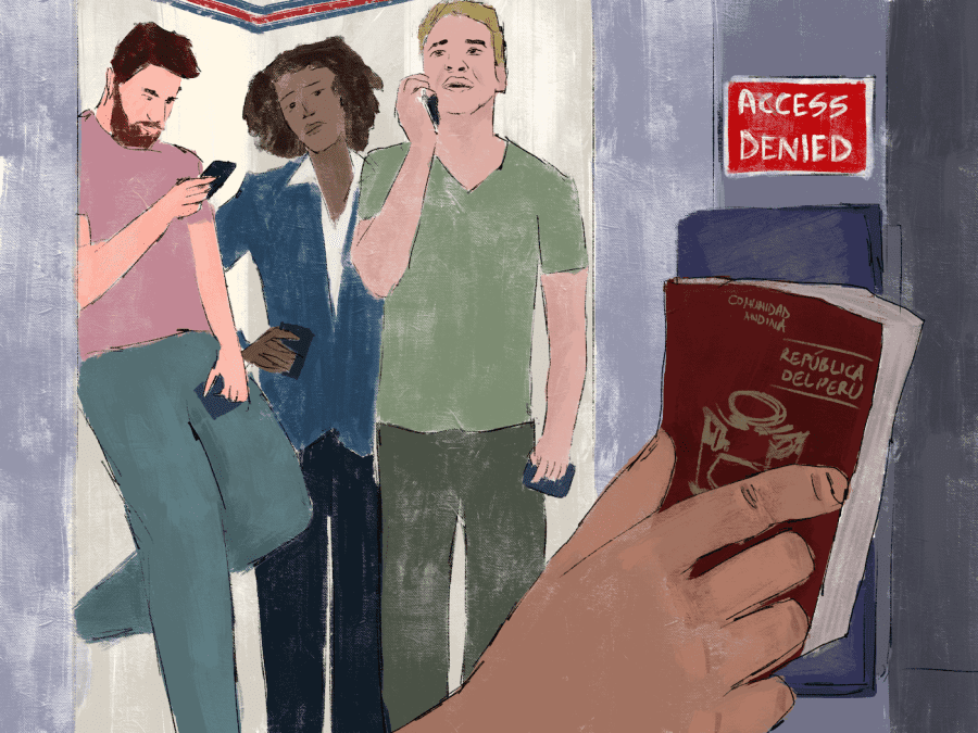 An+illustration+of+three+people+standing+in+a+doorway+next+to+a+red+sign+that+reads+%E2%80%9CAccess+Denied.%E2%80%9D+Below+the+sign%2C+a+hand+holds+a+passport+that+reads+%E2%80%9CRep%C3%BAblica+del+Peru.%E2%80%9D