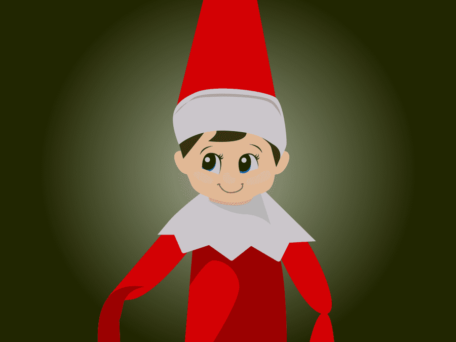 An illustration of an elf wearing a red and white pointed hat and a long-sleeve red shirt with a white collar on top of the shirt. The elf stands in front of a military green background.