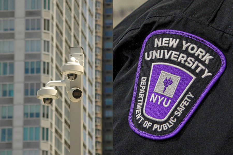 A collage of two photos. On the right, a purple patch with the NYU Campus Safety Departments logo on the shoulder of an officers uniform. On the left, a white pole with three surveillance cameras against buildings in the background.