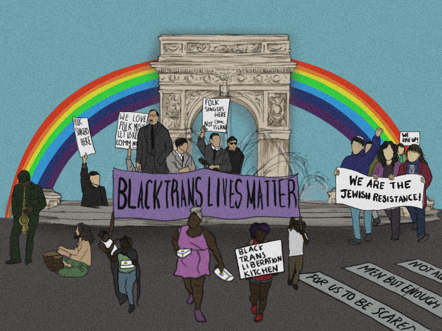 An illustration of a group of protesters holding signs in front of the Washington Square Arch. A rainbow reaches across the background. A purple sign in the middle reads “Black Trans Lives Matter.”