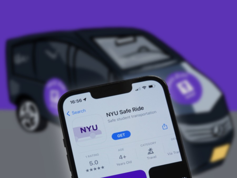An illustration of a black car with N.Y.U. Safe Ride logos on the hood and side. On top of the illustration is a smart phone displaying an application named “N.Y.U. Safe Ride.”