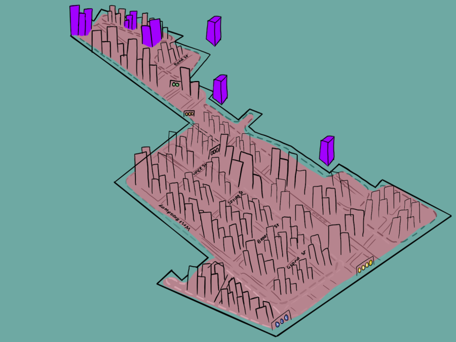 An outline of the SoHo and NoHo neighborhoods drawn in light purple on top of a turquoise background, with various buildings outlined in black and some colored purple.