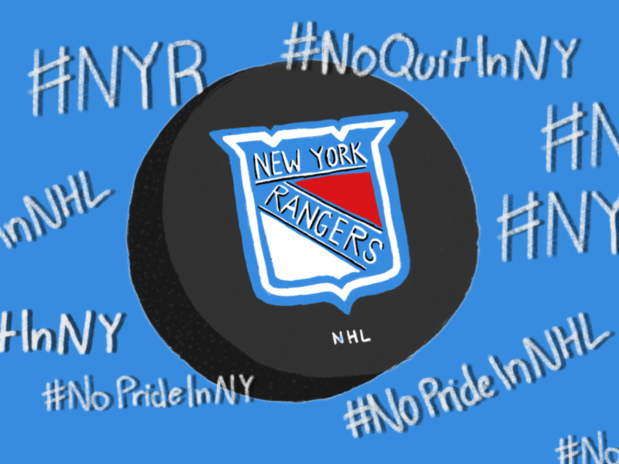 An illustration of a New York Rangers hockey puck with a blue background with tweets that read “hashtag N.Y.R., hashtag No Pride In N.H.L., hashtag No Quit In N.Y. and hashtag No Pride In N.Y.”