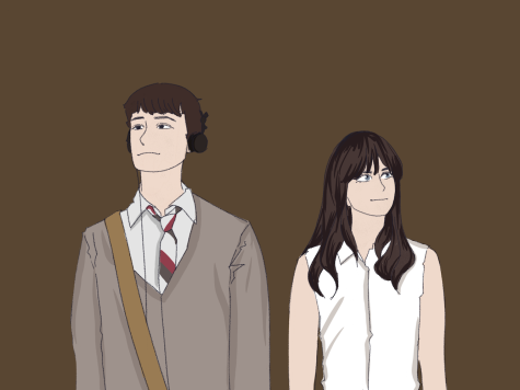 An illustration of a couple looking in separate directions against a dark brown background.