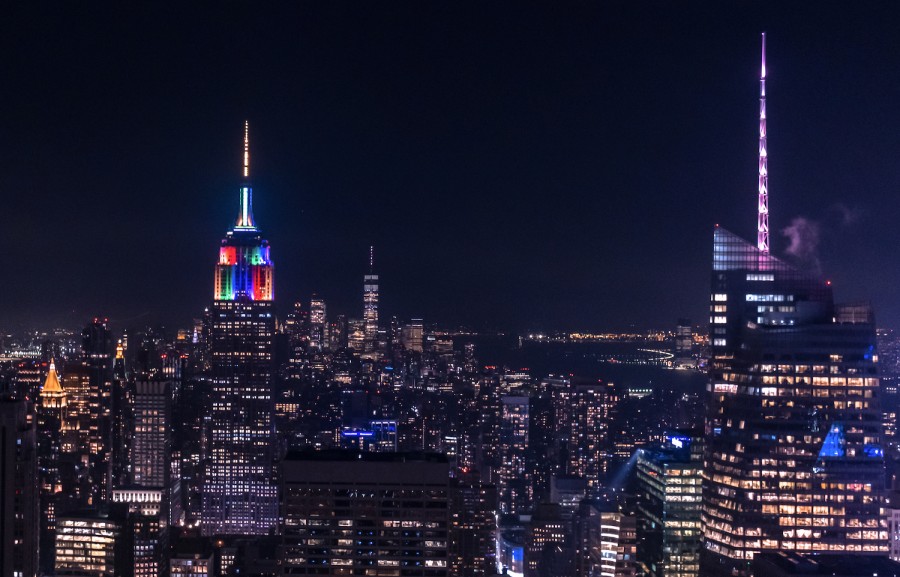 The nighttime skyline view of Downtown Manhattan.