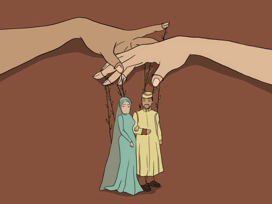 An illustration of two hands touching, holding two small figures by strings made of leafy vines. One of the figures is a woman wearing a long blue dress, a head covering and a veil, and the other is a man wearing a long yellow garment and a yellow hat with brown shoes. They are linking arms.