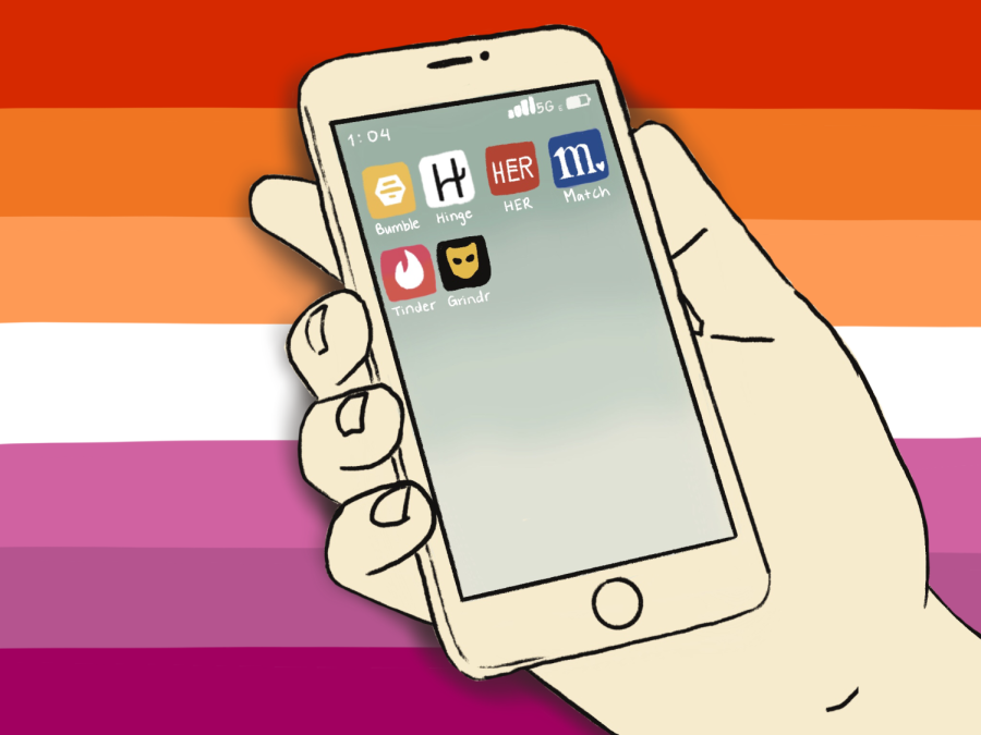 An illustration of a hand holding a phone. The screen shows dating apps Bumble, Hinge, Her, Match, Tinder and Grindr. The background of the image is a lesbian pride flag.