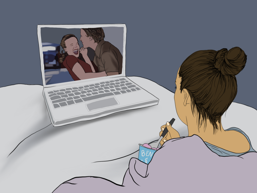 An illustration of a woman wrapped in a purple blanket, with her brown hair in a bun. She is eating ice cream in bed, watching The Notebook on a laptop sitting in front of her.