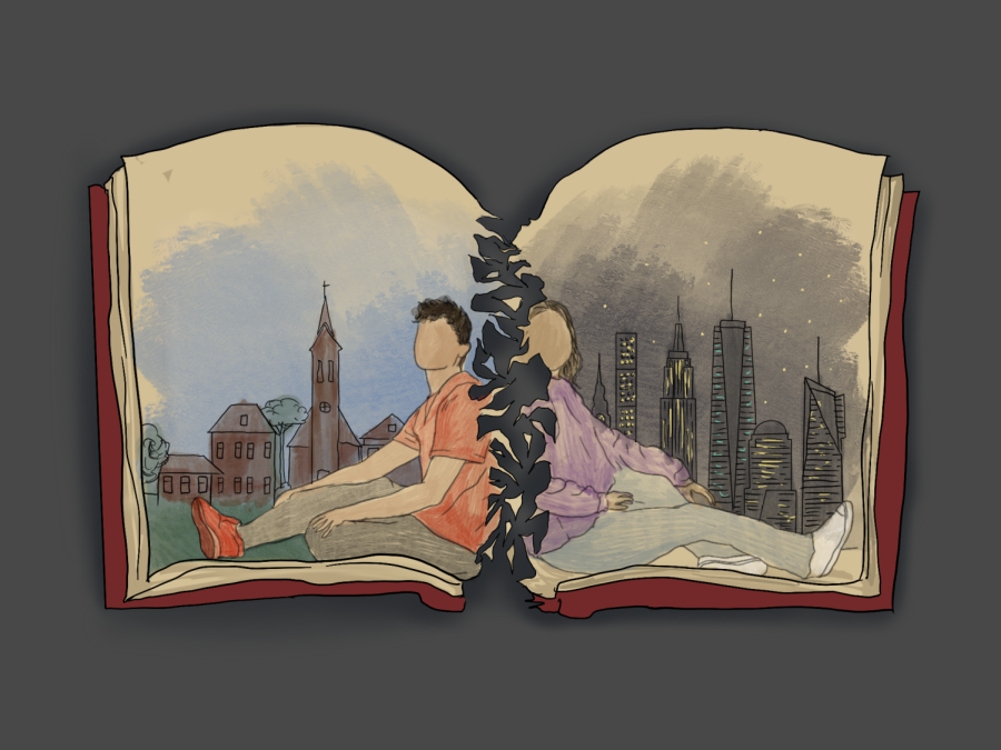 An illustration with a dark gray background shows a couple drawn onto the pages of a book. They are back to back against different landscapes — a woman wearing a purple sweater and jeans is shown against a New York City landscape at night, and a man wearing an orange shirt and jeans with red shoes is shown against a college town. The book is torn down the middle.