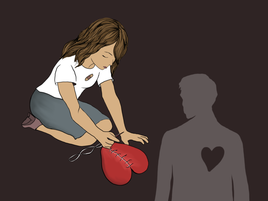 An illustration of a woman kneeling on the ground, wearing a white shirt and a blue skirt. She has a bandaid over her heart, and is stitching a red heart that has been split down the middle with a needle and thread. On the right of the image, a there is a silhouette of a man with a hole in the shape of a heart on his chest.