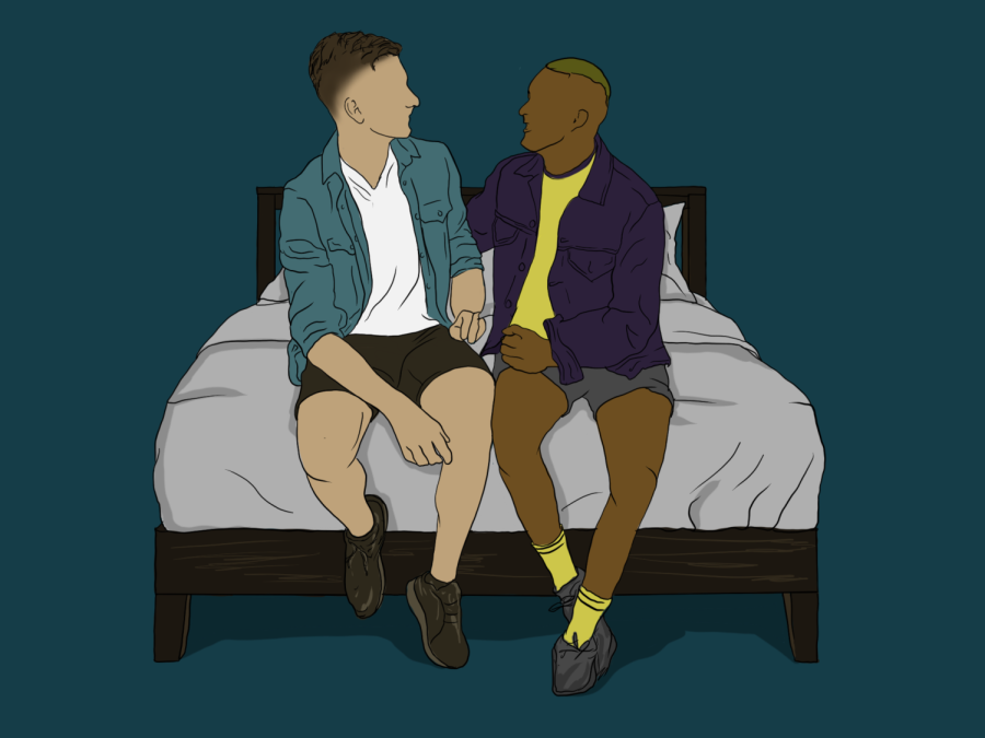 An illustration of two people sitting at the edge of a bed, looking toward one another, touching arms and talking to one another.