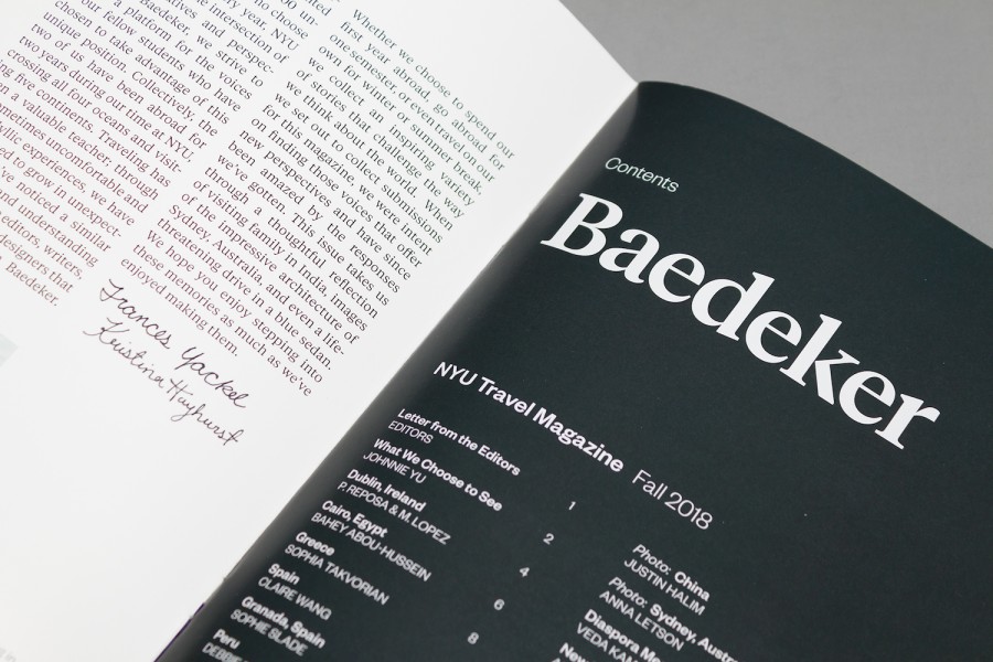 The title page of the Baedeker Magazine. The page has a black background with white serif text at the top center that reads “Baedeker.”