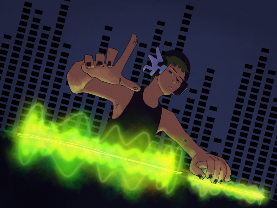An illustration of a D.J wearing a black sleeveless top and a black and purple headset and mixing music. Fluorescent green audio waves can be seen on the bottom of the illustration, and dark blue sound bars can be seen behind the D.J.