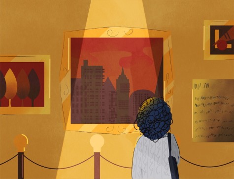 An illustration of a person wearing a white sweater, looking at a painting of a city skyline against a red background. A ray of light shines on the painting, and there are other frames hanging on the wall next to the painting.