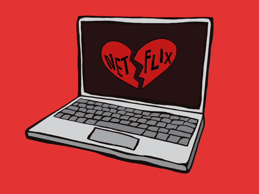 An illustration of a laptop displaying a broken heart with text netflix on it against a red background
