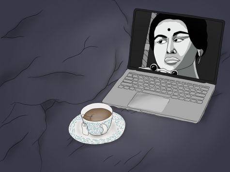 An illustration of a white teacup with blue detailing sitting on bedsheets in front of a laptop. On the laptop screen is a woman, as seen in the film “Charulata.”