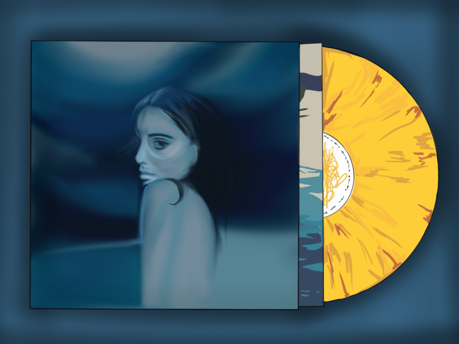 An illustration of a blue album cover on a blue background with the face of a woman on it. A yellow vinyl record emerges from the right side of the album cover.