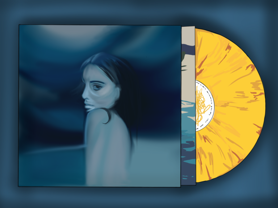 An+illustration+of+a+blue+album+cover+on+a+blue+background+with+the+face+of+a+woman+on+it.+A+yellow+vinyl+record+emerges+from+the+right+side+of+the+album+cover.