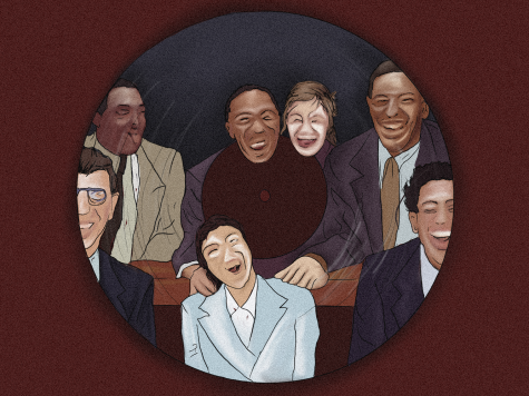 An illustration of a vinyl record in front of a maroon background. The record features images of seven people, all smiling.